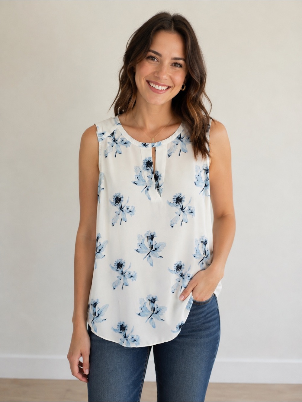 Ann Taylor Factory White Sleeveless Camisole with Light Blue Floral Print